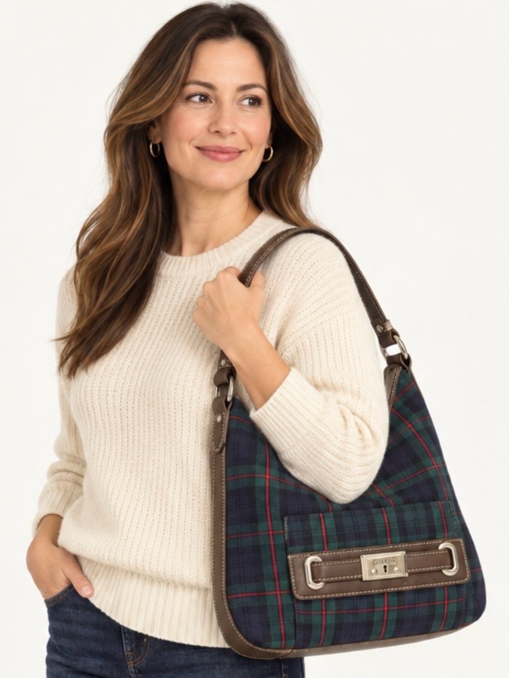 Chaps Tartan Plaid Hobo Shoulder Bag Navy Green Red Cotton Y2K Preppy